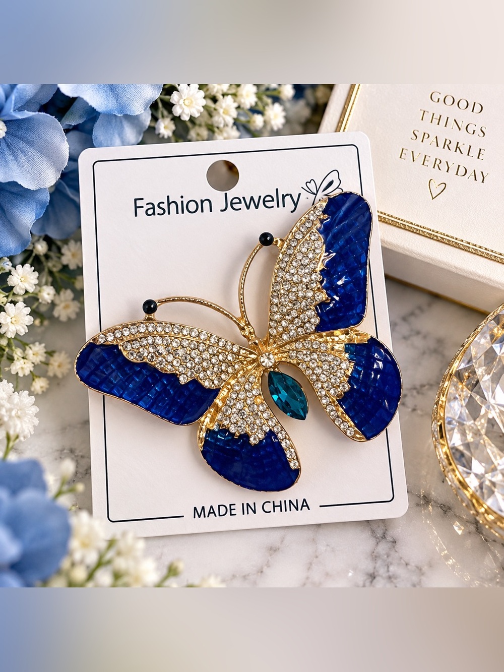 Stunning Blue & Gold Rhinestone Butterfly Brooch / Pin 🦋✨